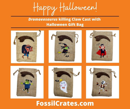 Cuteness never goes extinct! The Dromaeosaurus killing claw cast now comes with a fun and cute Halloween gift bag! Pick from a Werewolf, Witch, Vampire, Frankenstein, Ghost, or Skeleton.